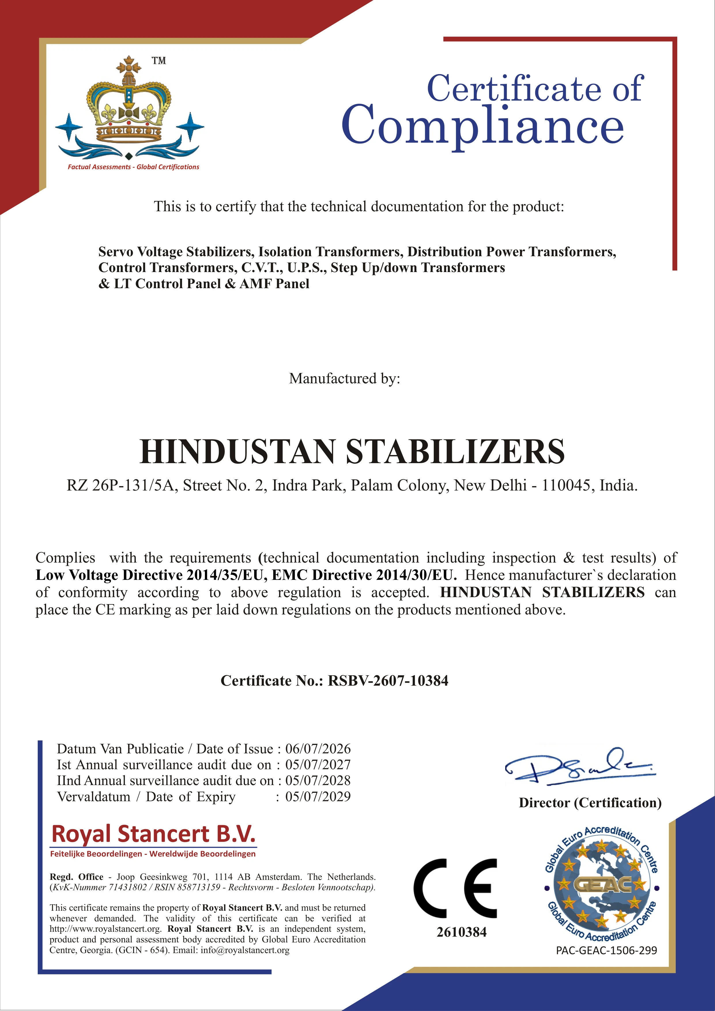 CE Compliance Certificate - Hindustan Stabilizers