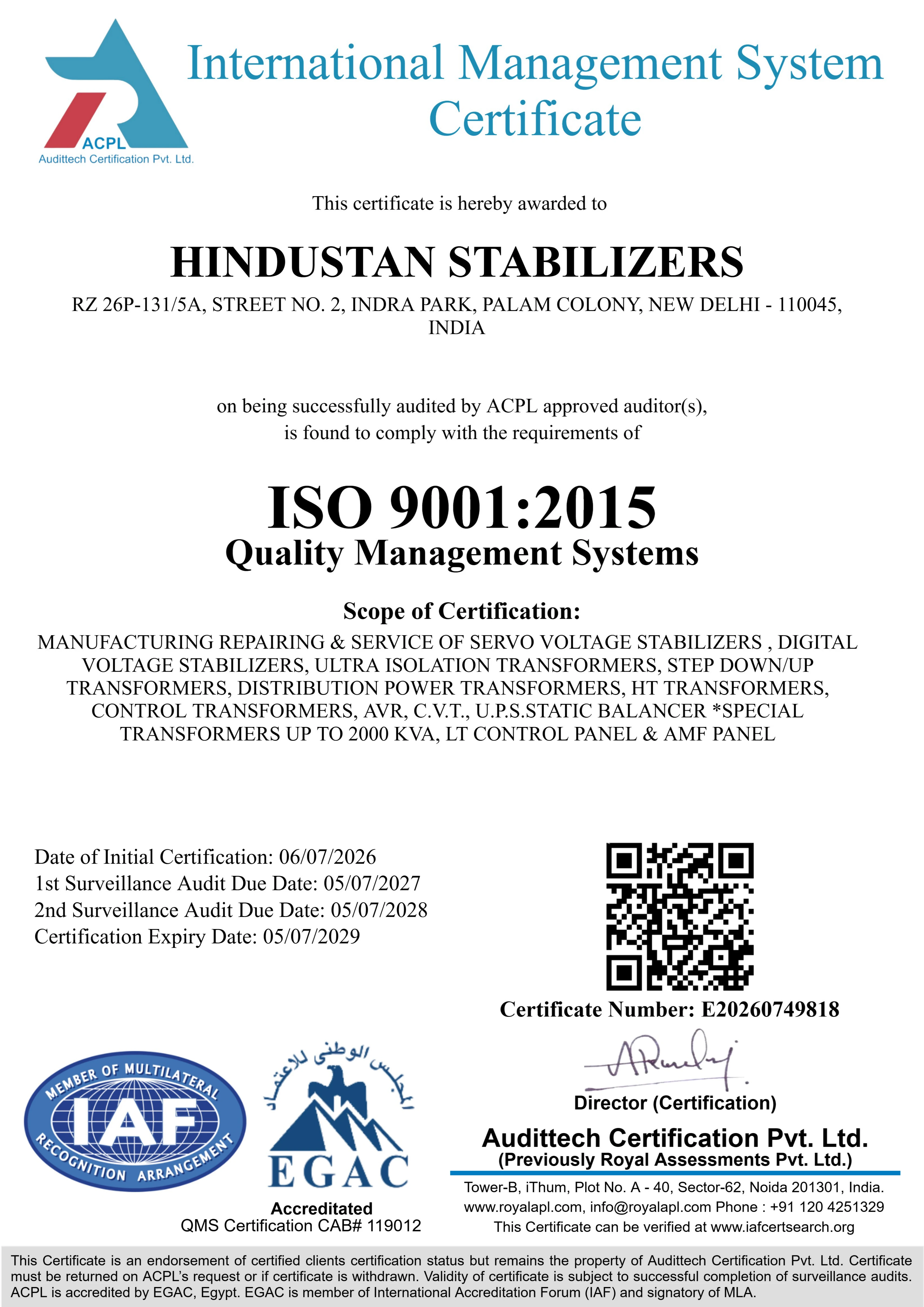 ISO 9001:2015 Quality Certificate - Hindustan Stabilizers