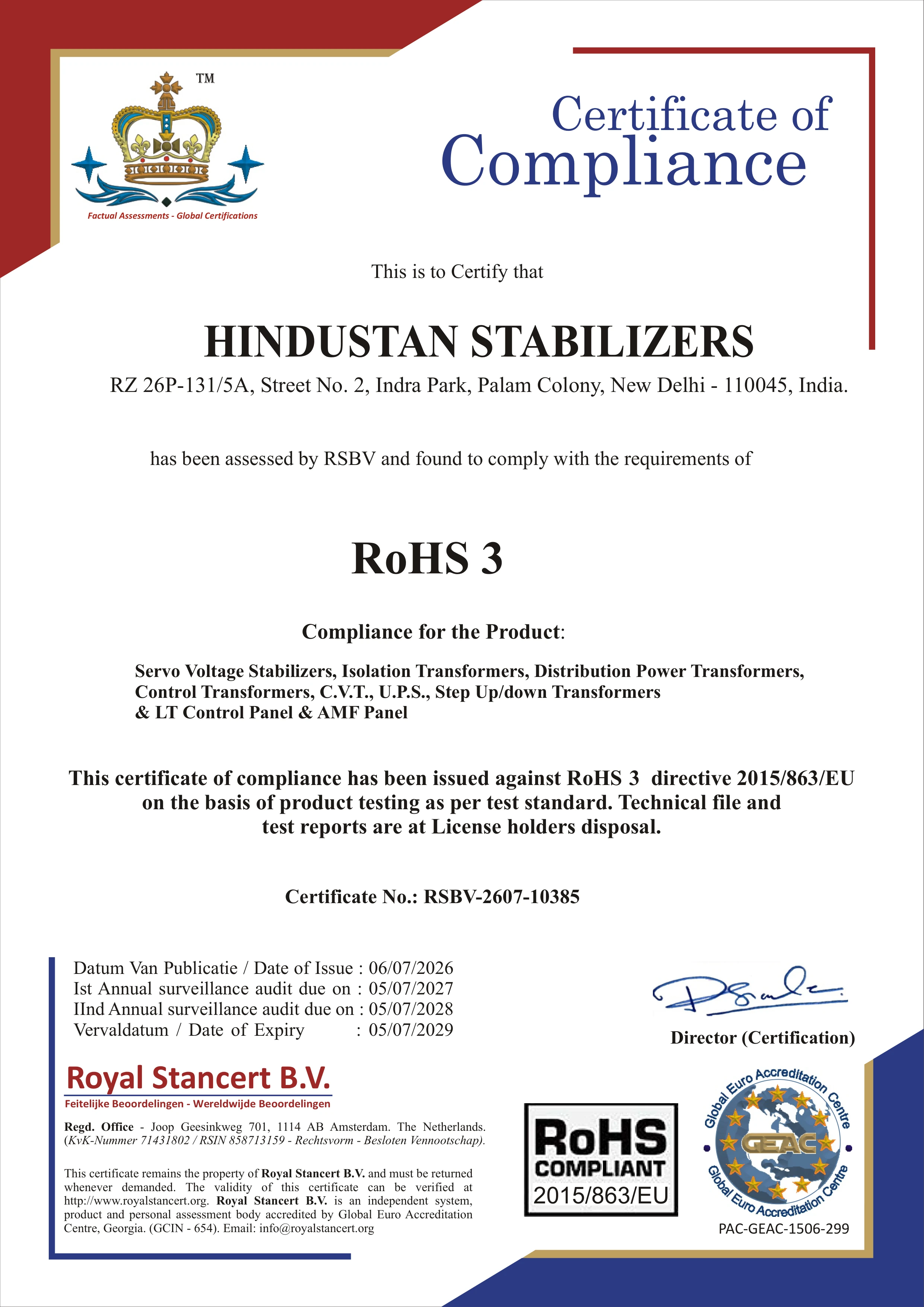 RoHS 3 Compliance Certificate - Hindustan Stabilizers